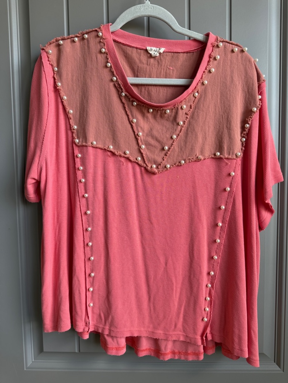 POL Coral Pink Pearl-Trim Short Sleeve Oversized Top